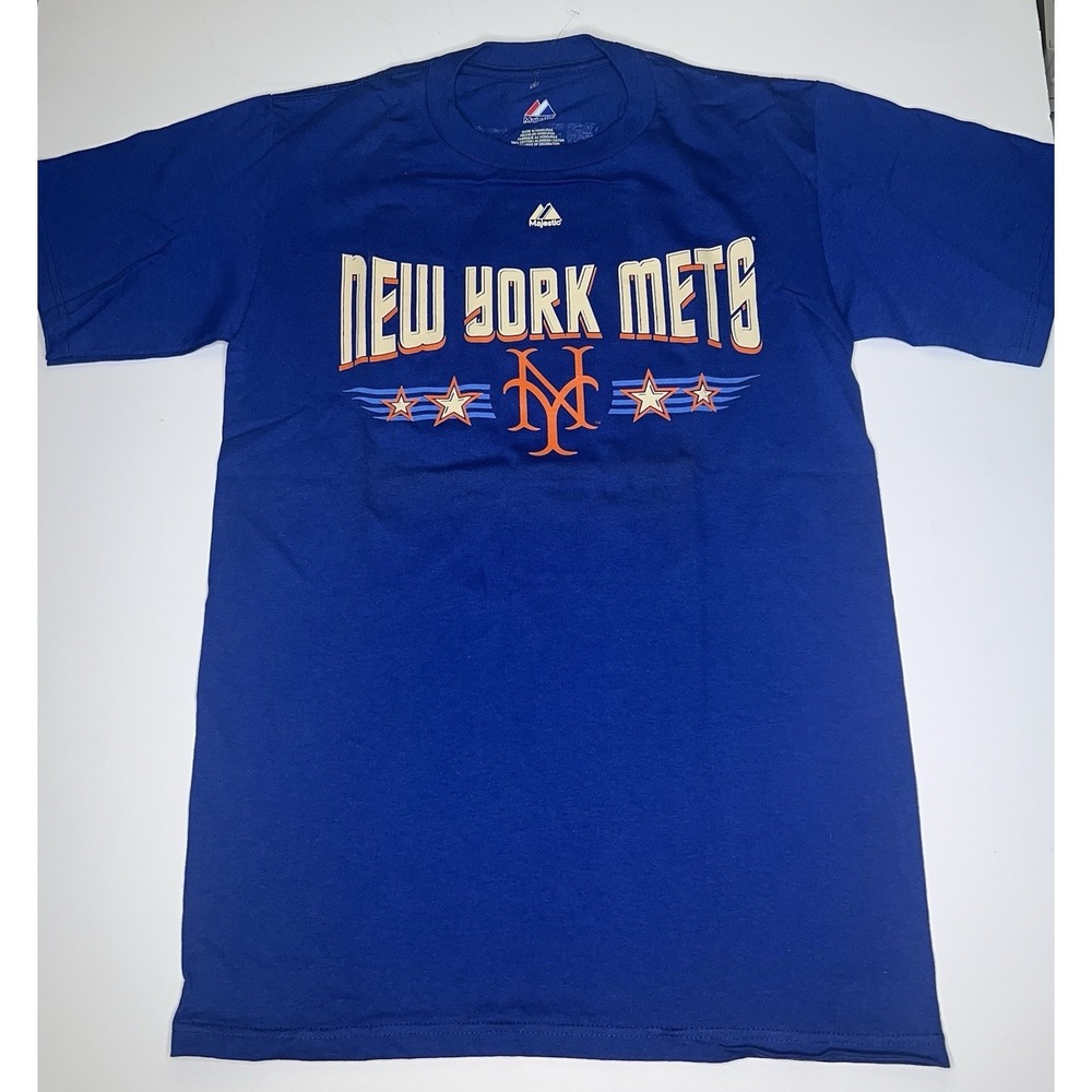 New York Mets History Ticket Stubs MLB Majestic Men's Blue Double Sided T-Shirt
